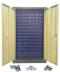 60 Drawer Hardware Organizer Cabinet With Door Storage For Small Parts And Tools Sturdy Steel Parts Box Chest Mid Sized Tool Cabinet With Durable Drawers And Ergonomic Handles For Your Garage Or Shop, front view showing open doors and blue drawers.