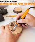 Person using the 30W Hot Knife Foam Cutter Set With 10 Carbon Steel Blades And Wood Burning Tip to create wood drawings.