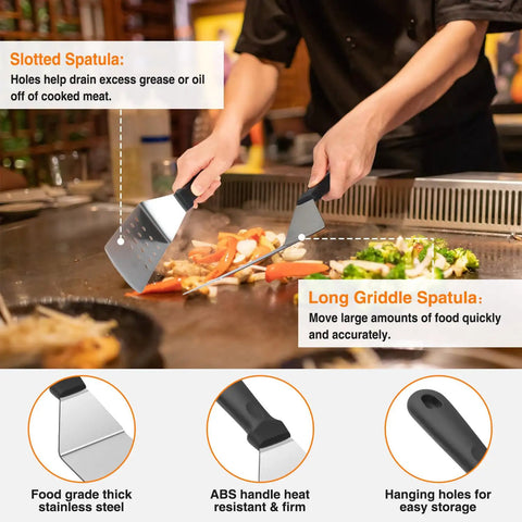 Chef using All In One Griddle Accessories Kit For Flat Top Grills 25 Piece Set BBQ Ready to flip vegetables with spatula