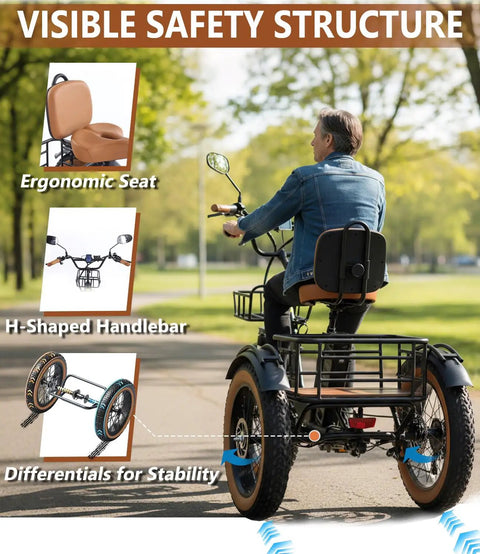 Person riding Electric Tricycle For Adults Foldable 3 Wheel With 1350W Peak Motor and 48V 15.6Ah battery, rear differential