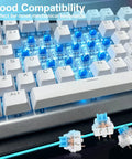 Blue 3 Pin Mechanical Keyboard Clickers Kit For 3D Prints, 50 Pieces Dustproof Switches With Crisp Clicky Tactile Feedback For Gaming Keyboards And Pro Builds. Blue 3-pin switches in mechanical keyboard with white keycaps and backlight.