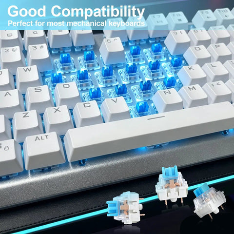 Blue 3 Pin Mechanical Keyboard Clickers Kit For 3D Prints, 50 Pieces Dustproof Switches With Crisp Clicky Tactile Feedback For Gaming Keyboards And Pro Builds. Blue 3-pin switches in mechanical keyboard with white keycaps and backlight.