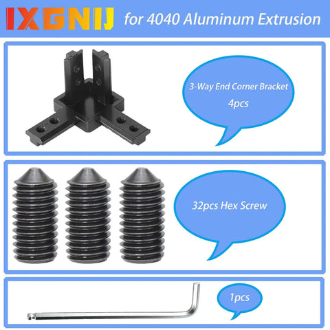 4 Pack 4040 Aluminum Extrusion 3 Way Corner Brackets Solid Connectors With M6x12mm Screws And Hex Key Black, includes brackets and screws.