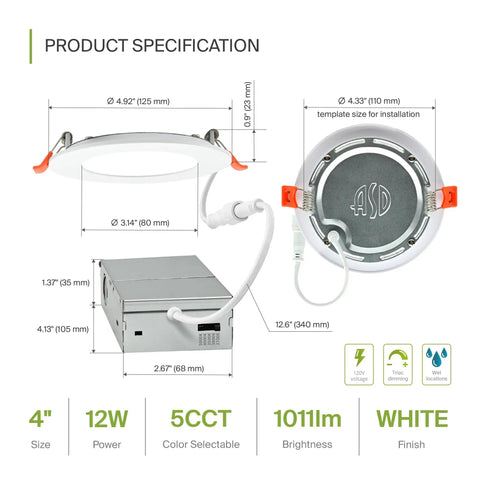 Product specification of 4 Pack 12 Inch LED Recessed Canless Wafer Downlights Dimmable 24W Easy Install With 5 Color Temperatures
