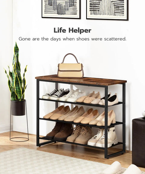 4 Tier Shoe Rack Storage Organizer With Three Oxford Fabric Shelves And Top Panel Space Saving Setup For Entryway And Closet That Holds 12 To 16 Pairs Of Shoes Industrial Rustic Brown Finish in a living room scene