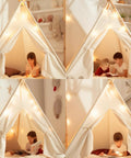 Children reading inside a lit play tent made with Replacement Wood Poles And Connectors For Kids Teepee Tent, 69 Inch Length.