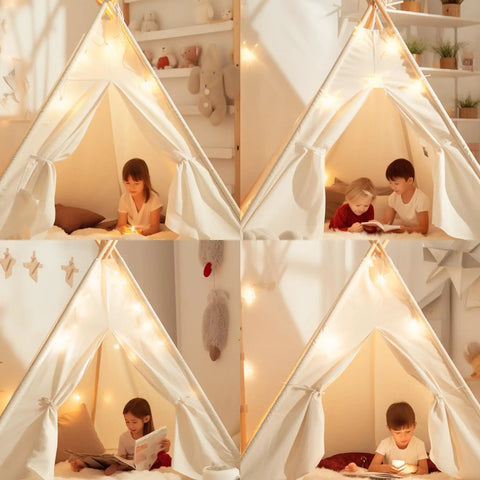 Children reading inside a lit play tent made with Replacement Wood Poles And Connectors For Kids Teepee Tent, 69 Inch Length.