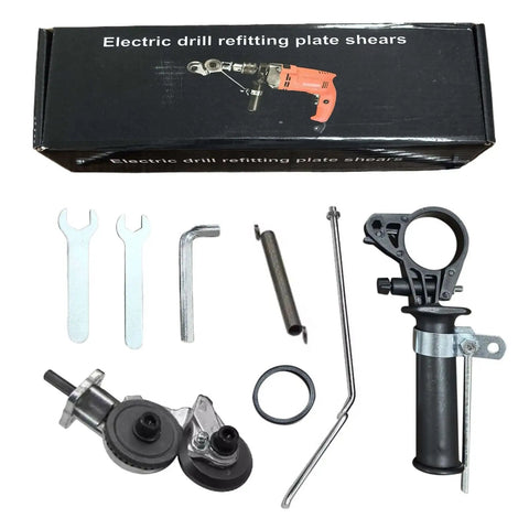 Portable Electric Metal Sheet Cutter Attachment Drill Powered For Fast Roofing Repairs And DIY Metalworking Projects Heavy Duty Performance Quick Cutting Tool with various components including shears and fittings.