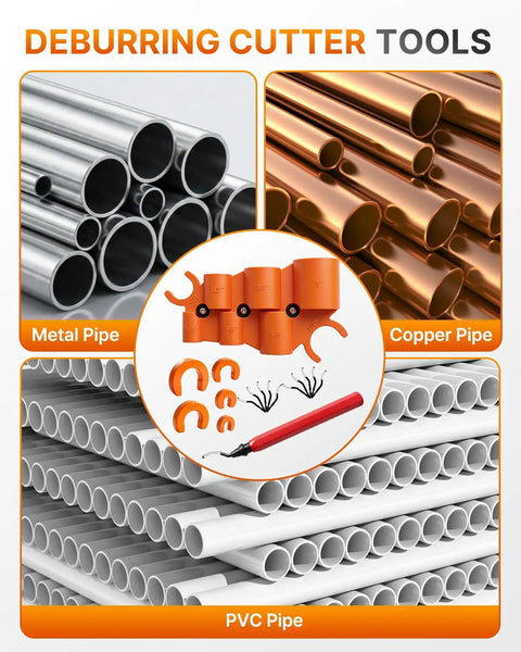Slick 17 Piece Plumbing Kit With Depth Gauge And Pipe Deburring Tool For Sharkbite Push Fit Fittings Including Steel Blades For Copper Pvc Pex Cpvc Making Pipe Jobs No Sweat featuring metal, copper, and PVC pipes.