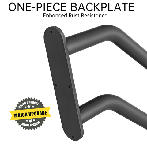 Close-up of one-piece backplate on Built Like A Tank Heavy Duty Wrought Iron Hand Rails For Outdoor Steps, U Shaped Exterior Stair Railing.