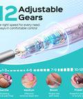 12 Speed Cordless Nail Drill With LED Display For Gel Removal And Manicure Shaping Pro Grade Nail File For Home DIY Nail Art Practice Travel Ready Purple Color with close-up on adjustable gears and LED display