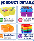 Product details of 12 Pack Colorful Classroom Caddies With Three Compartments highlighting space, grip, durability, stackable design.