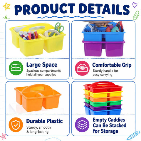 Product details of 12 Pack Colorful Classroom Caddies With Three Compartments highlighting space, grip, durability, stackable design.