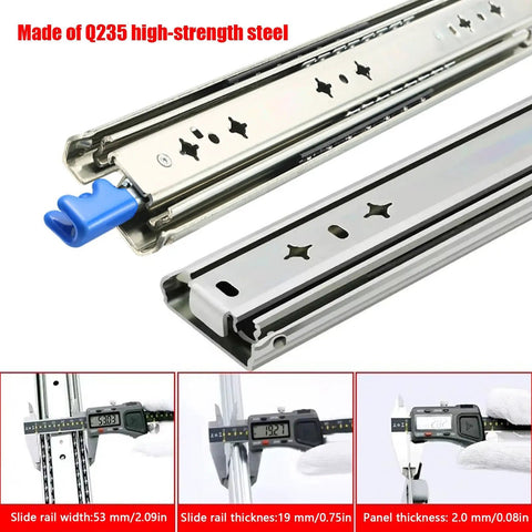 Heavy Duty Locking Drawer Slides With Side Mount Ball Bearing Rails Detachable For Machine Tables And Production Line Conveyors 800 Millimeters Long Rock Solid Industrial Grade Steel For Super Smooth Glide Drawers showing high-strength Q235 steel and dimensions