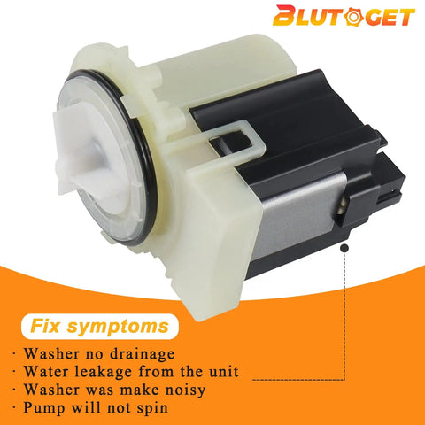 Hella Reliable Heavy Duty 280187 8181684 Washer Drain Pump Motor Direct Drop-In Replacement side view showing plastic housing and motor.