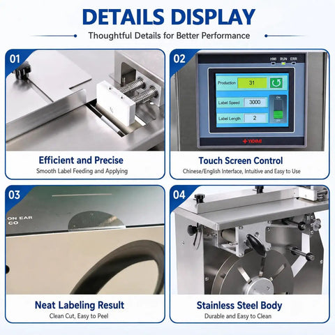 High Speed 90 Degree Corner Labeling Machine Applicator For Boxes Auto Tape Sealer With Adjustable Worktable Fast Labeling Rate Up To 90 Pieces Per Minute showing efficient label feeding and touch screen control.