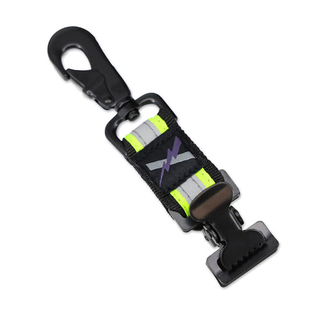 Reflective Firefighter Extrication Glove Strap With Alligator Clip, universal fit, showing heavy duty ballistic nylon webbing.