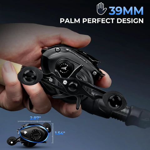 Person holding Spartacus II Plus Baitcasting Reel With DualBalance Magnetic Braking for smoother casts, highlighting compact size.