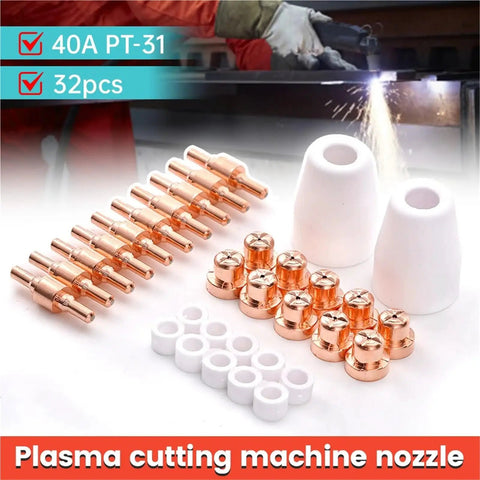Ultimate 32pc Pt31 Plasma Cutter Consumables Kit Featuring Durable Electrodes, High Temp Nozzles And Swirl Cups For 40A Machines, showing nozzles and electrodes.
