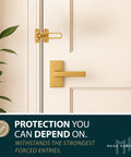 Tough Gold Swing Bar Door Lock For Swing In Doors Childproof Safety Latch on a door, satin brass finish, securing top corner.