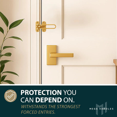 Tough Gold Swing Bar Door Lock For Swing In Doors Childproof Safety Latch on a door, satin brass finish, securing top corner.