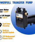 Beast Of A Portable Cast Iron 1/2 HP Water Transfer Pump with built-in on off switch, high pressure, durability features displayed.