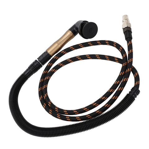 Compact Pencil Die Grinder Air Tool Lightweight Engraving Pen Featuring Rock Solid Tungsten Gears and Slick Power Delivery hose with black and gold design.