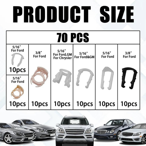Fuel Line Retainer Clips Three Eighths And Five Sixteenths Inch Nylon Gas Tank Repair Kit 70 Piece Set with size chart