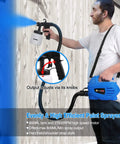 Man using High Power HVLP Electric Paint Sprayer With 800 Milliliter Per Minute Output, Pro Grade 3 Pattern Spray Gun on a fence