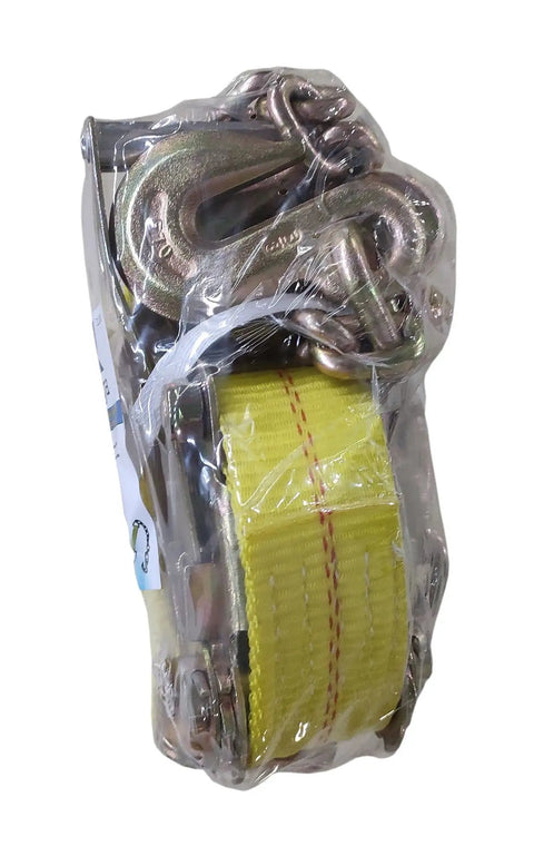 Heavy Duty 2 Inch By 27 Foot Ratchet Tie Down With Chain End And Grab Hooks 10000 Lbs Break Strength 3333 Lbs Working Load Yellow Cargo Securement Strap For Large Loads (rolled up)