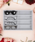 Stay Super Fresh With This Hella Soft Gray Velvet Jewelry Organizer Tray Featuring Eight Quick Grab Grids, Sleek Watch And Sunglasses Display Plate, Portable Drawer Storage with sunglasses and glasses.