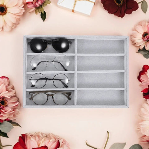 Stay Super Fresh With This Hella Soft Gray Velvet Jewelry Organizer Tray Featuring Eight Quick Grab Grids, Sleek Watch And Sunglasses Display Plate, Portable Drawer Storage with sunglasses and glasses.