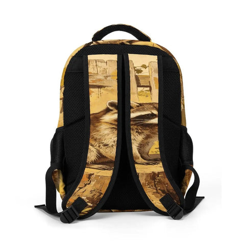 Back view of Raccoon Printed Unisex Backpack with large capacity and breathable fabric showing straps and design.