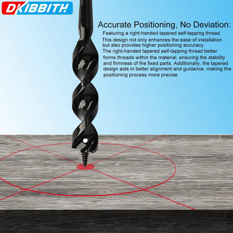 Pro Grade Flexible Installer Drill Bit highlighting screw point and fish eye hole for accurate positioning on wood surface.