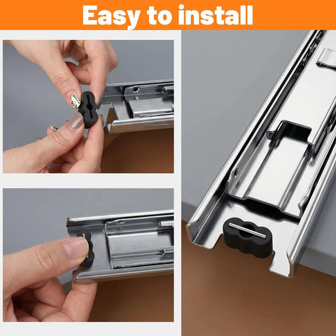 20 Pack Black Drawer Stoppers And Slide Bumpers Rubber End Stops being installed on a metal drawer slide for quiet close.