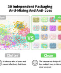 Comparison of cluttered beads before using Clear Bead Organizer Storage Box Set With 31 Hinged Lid Containers and sorted beads after use.
