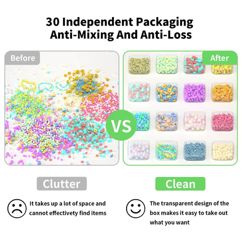Comparison of cluttered beads before using Clear Bead Organizer Storage Box Set With 31 Hinged Lid Containers and sorted beads after use.