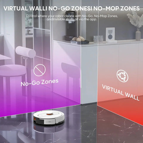 Robot Vacuum And Mop Combo With Self Emptying Station 6000Pa Suction LiDAR Mapping 90 Days Hands Free Cleaning Wi Fi App Alexa Voice Control For Carpets And Hard Floors showing virtual no-go zones and walls.