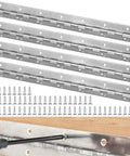 Four Stainless Steel Piano Hinges With Holes And Screws, 15.7 Inch By 2 Inch, 0.06 Inch Thick shown with screws