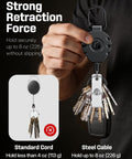 Person holding heavy duty retractable keychain with carabiner badge reel for ID holder up to 8 oz, featuring strong retraction.