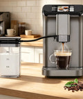 Fully Automatic Espresso Machine With Integrated Burr Grinder And Double Boiler System brewing coffee in a sleek gunmetal design.