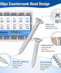 Diagram of 345 Piece 304 Stainless Self Tapping Screws Set For Wood And Metal M3 And M4 Flat Head with storage box