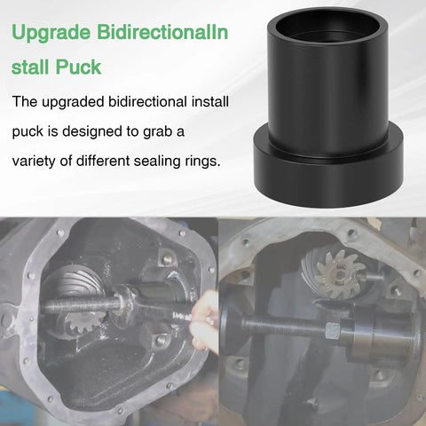 All In One Inner Axle Seal Installation Tool With Thrust Ball Bearing For Dana 30 44 60 Front Differentials Seal Installer Kit showcasing bidirectional install puck and its application inside a differential.