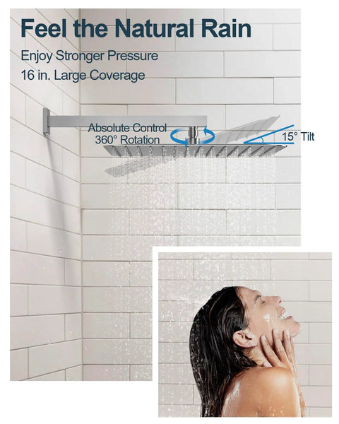 GRANDJOY 16" Dual Shower System with Handheld Spray, Brushed Nickel featuring 16" rainfall head and 360° rotation.
