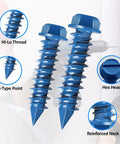 Close-up of blue heavy duty concrete screws with Hi-Lo thread, nail-type point, hex head, and reinforced neck for reliable use.
