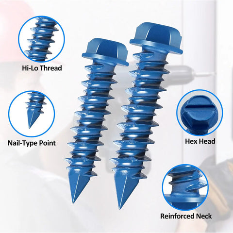 Close-up of blue heavy duty concrete screws with Hi-Lo thread, nail-type point, hex head, and reinforced neck for reliable use.