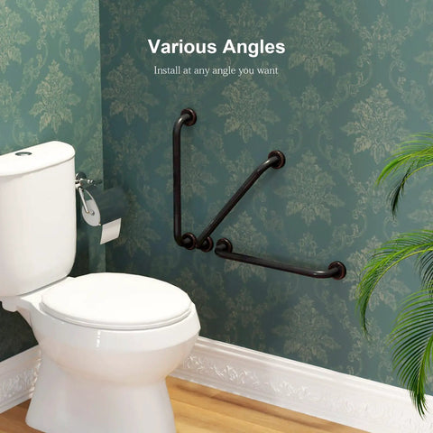Two Pack 20 Inch Anti Slip Shower Grab Bar In Oil Rubbed Black Bronze And Antique Brass Finish installed near a toilet