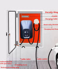 Built Tough Universal EV Charger Cover With Heavy Duty Mounting Post Waterproof Outdoor Steel Enclosure details with hooks and locks.