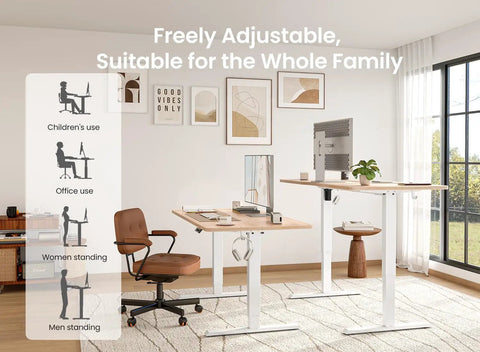 Sit Stand Electric Standing Desk 48 By 24 Inches With Quiet Motor Smooth Height Adjustment From 28 To 46 Inches Ergonomic Computer Desk, office setup with two desks, white frame, and maple tops.