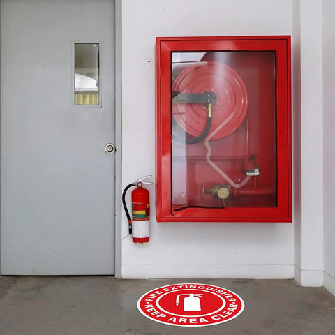 Set Of Ten Non Reflective Fire Extinguisher Keep Area Clear Floor Stickers Nailed Down Safety Zone Markers No Sweat Install Heavy Duty Quick Grip Bond Designed To Rock Solid On Concrete For Warehouses And Shops